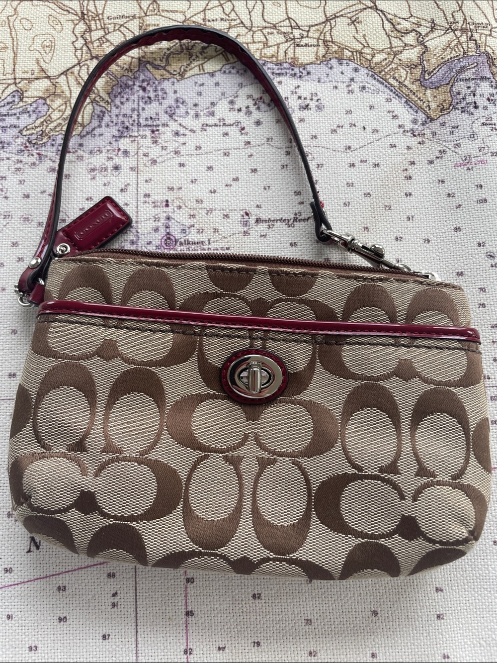 Coach Khaki/Chestnut Signature Canvas Wristlet with Pink Trim